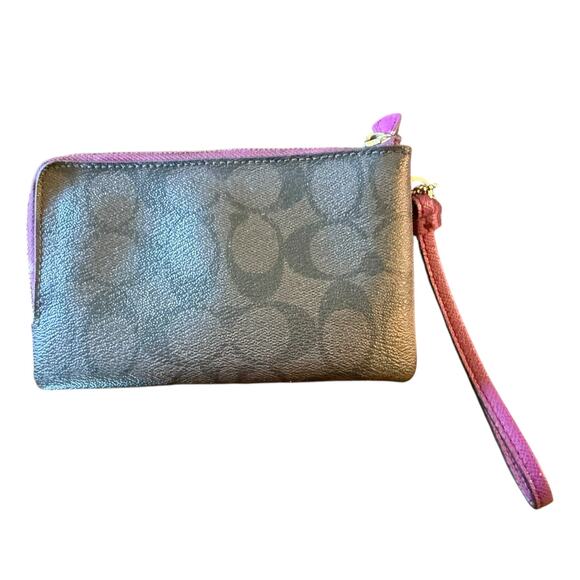 Coach Double Zip Brown & Fuchsia Wristlet Wallet - Picture 2 of 9